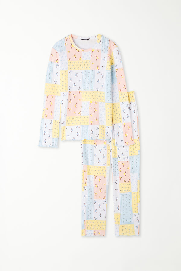 Pijama Llarg Nena de Cotó Gruixut Estampat Pedaç Flors  