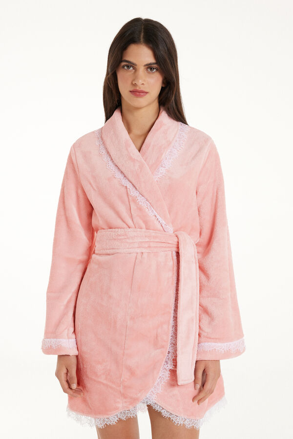 Long-Sleeved Fleece and Lace Dressing Gown  
