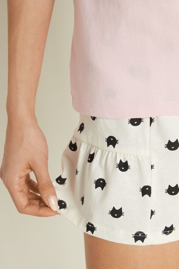 Short Sleeve Short Cotton Pyjamas with Cat Print  