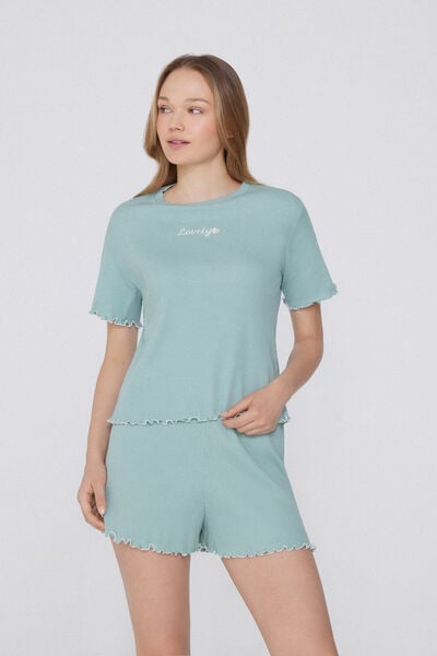 Pijama Curto Manga Curta Canelado Bordado