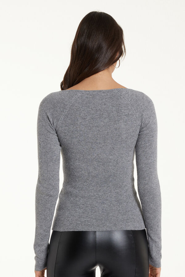 Mittelschwerer gerippter Pullover mit langen Ärmeln, V-Ausschnitt und Wolle  