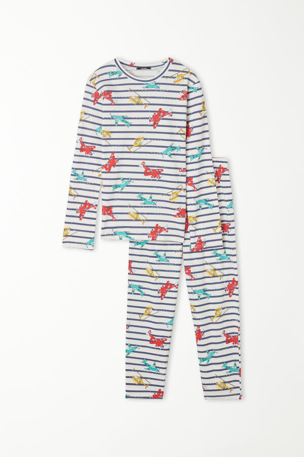Full Length Aircraft Striped Print Cotton Pajamas  