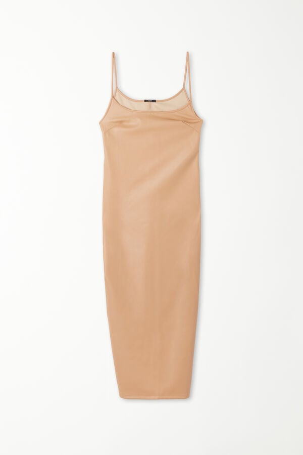 Coated-Effect Midi Dress with Thin Shoulder Straps  