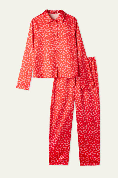 Full-Length Satin Button-Up Pajamas with Heart Pattern
