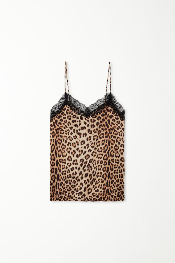 Printed Satin and Lace Camisole with Narrow Shoulder Straps  