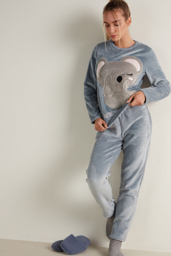 Langer Pyjama aus Fleece mit Koala-Patch  