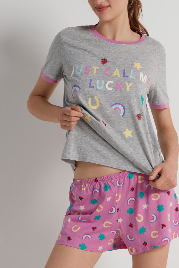 "Lucky" Print Short Cotton Pyjamas with Rounded Neck  