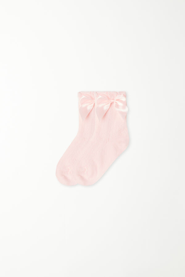 Girls’ Short Worked Cotton Socks with Satin Bow  
