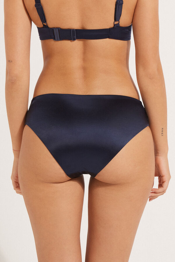 Shiny Navy Blue Gathered High-Cut Bikini Bottoms  