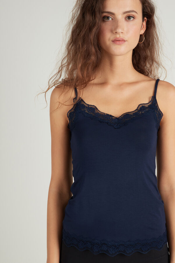 Viscose and Lace Camisole with Thin Shoulder Straps and V-Neck  