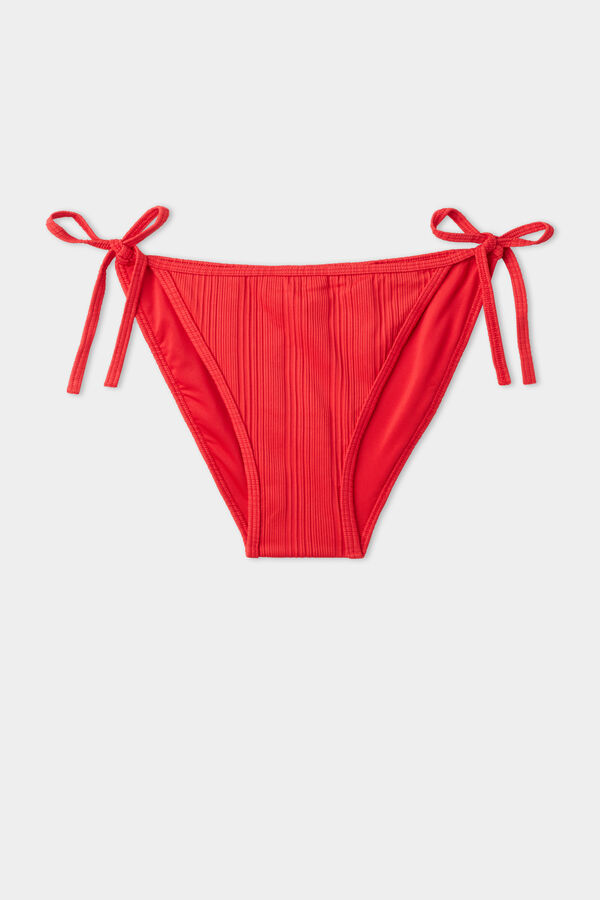 Tanga Panel Bikini Bottoms with Laces in Red Recycled Ribbed Microfibre  