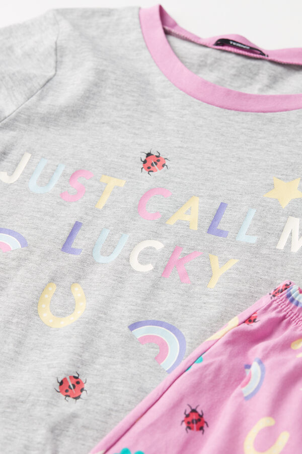 Girls’ "Lucky" Print Short Cotton Pyjamas with Rounded Neck  