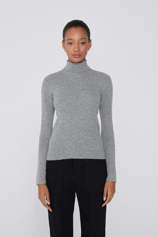 Long-Sleeved Ribbed Polo Neck Heavy Jersey with Wool  