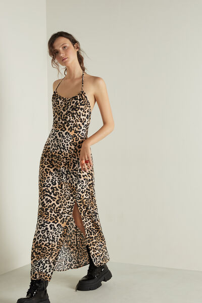Long Printed Viscose Canvas Dress with Slit