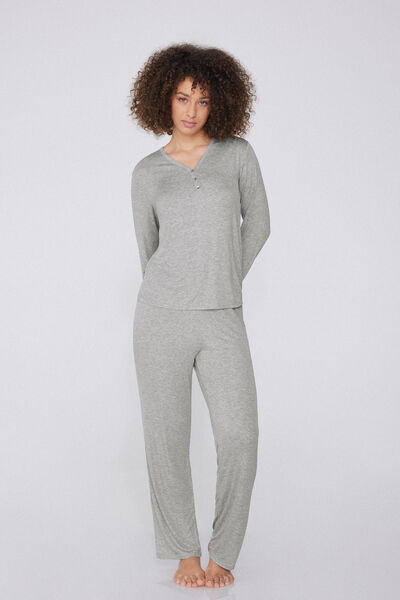 Tezenis Pijama Largo Canalé Escote Pico Abotonado Mujer Gris Tamaño M