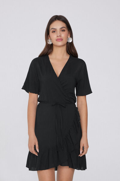 Tezenis Vestido Corto Cruzado Media Manga Tela Viscosa Mujer Negro Tamaño M