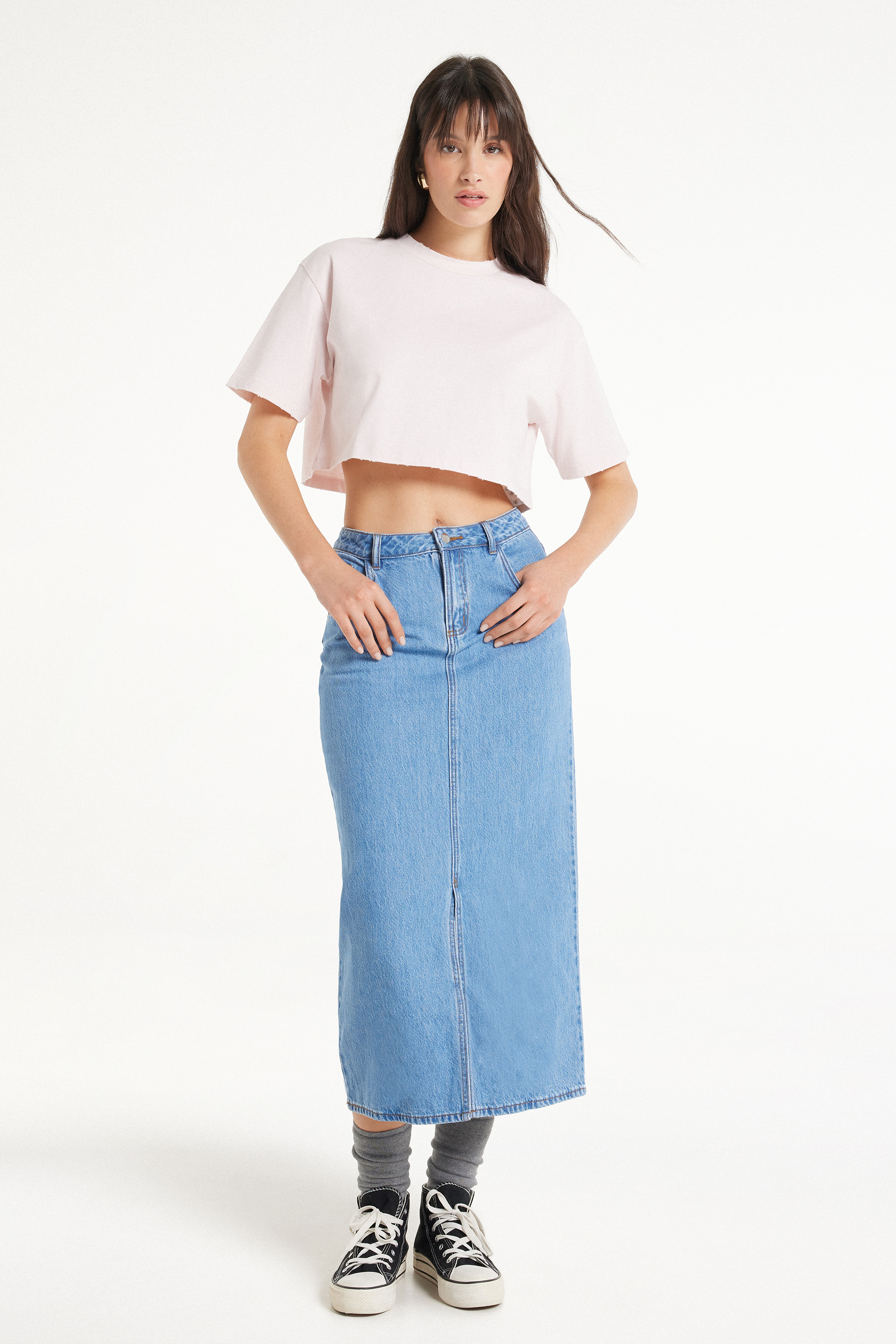 High-Waist Denim Midi Skirt with Slit