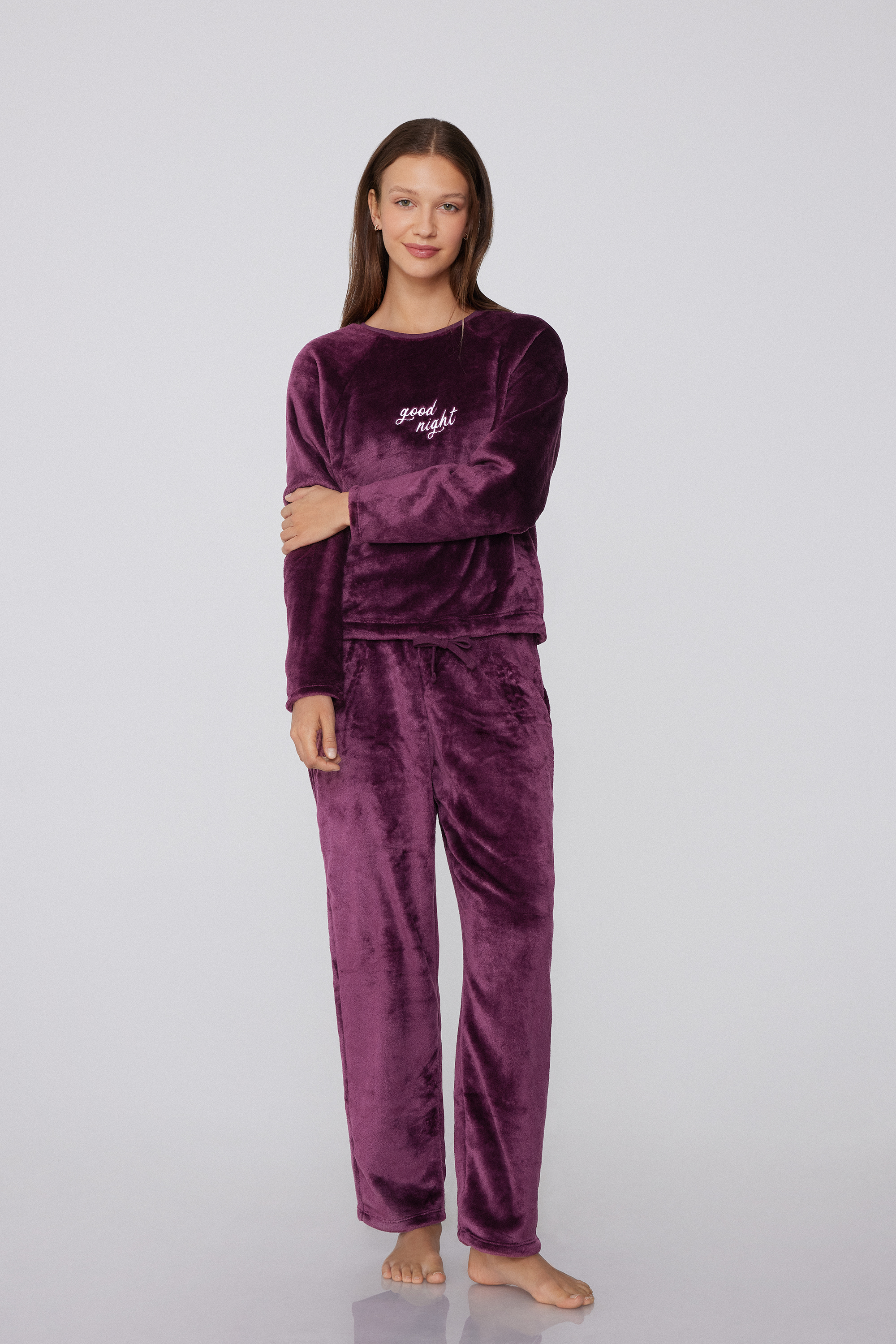Good Night Embroidered Full Length Fleece Pajamas
