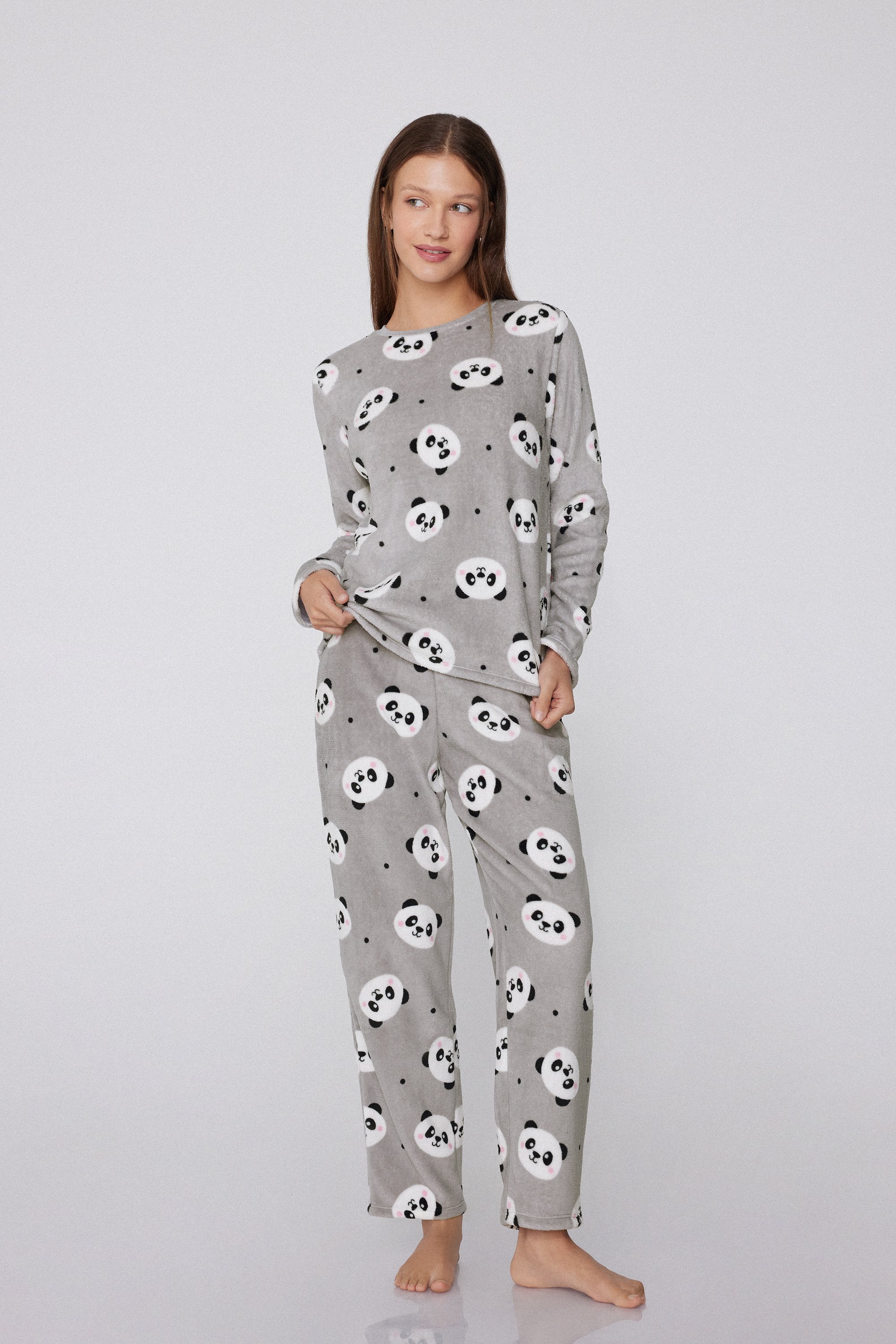 Pijama Largo de Forro Polar Ligero Estampado Panda Pijama Largo de Forro Polar Ligero Estampado Panda