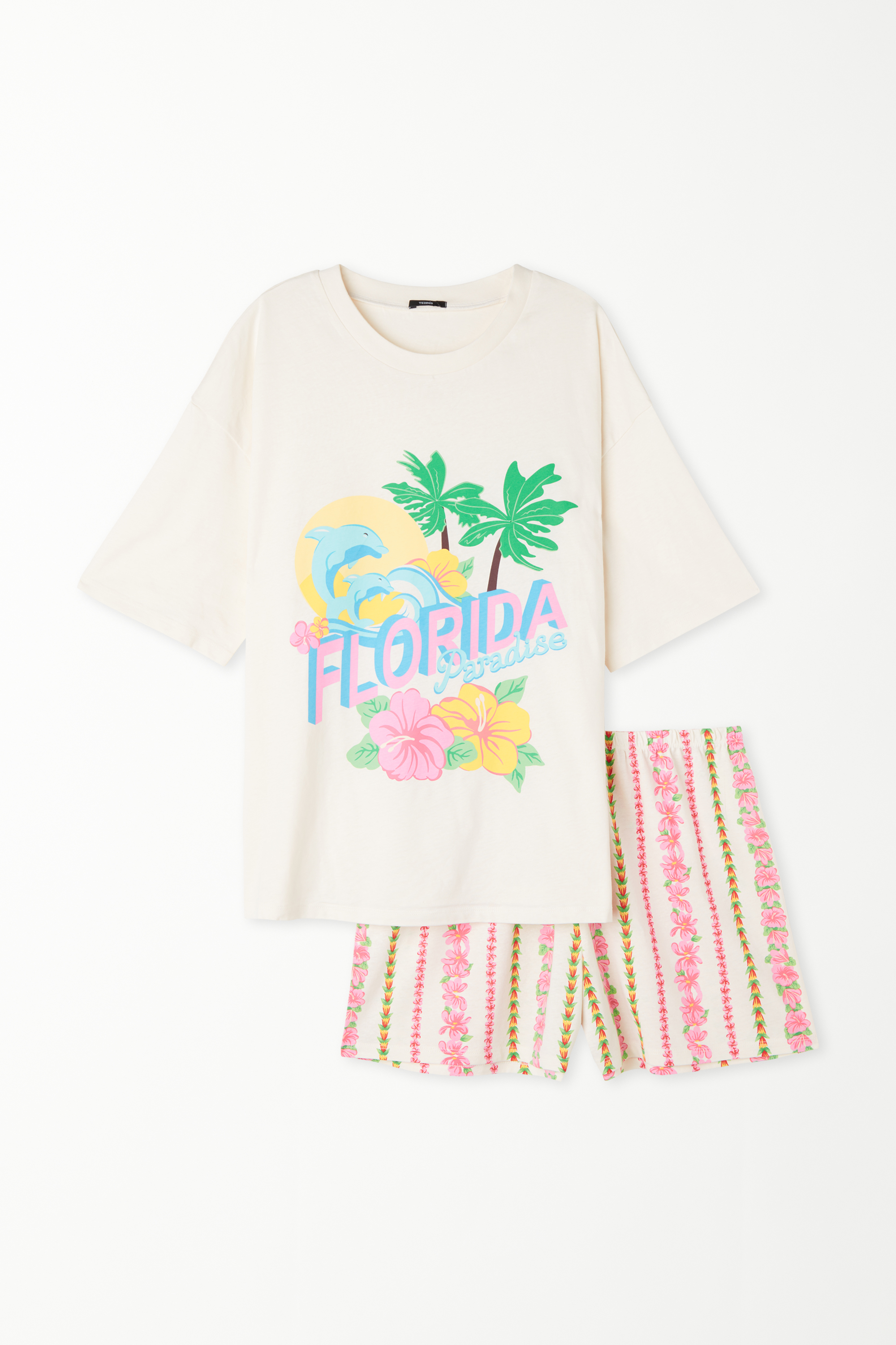 Krátké Bavlněné Pyžamo s Krátkým Rukávem a Potiskem „Florida Paradise“