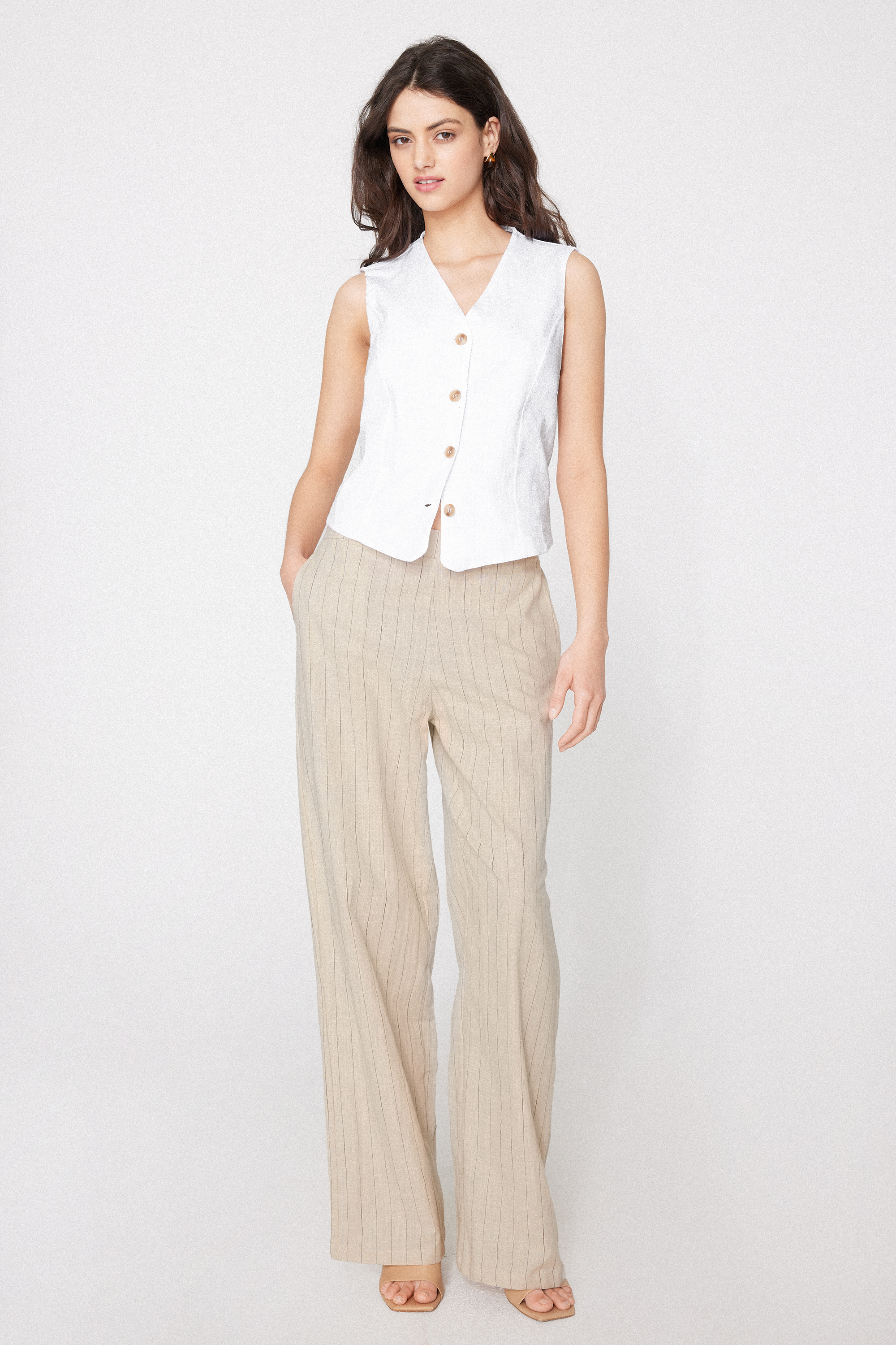 Gilet Tela di Cotone con Bottoni Effetto Lino