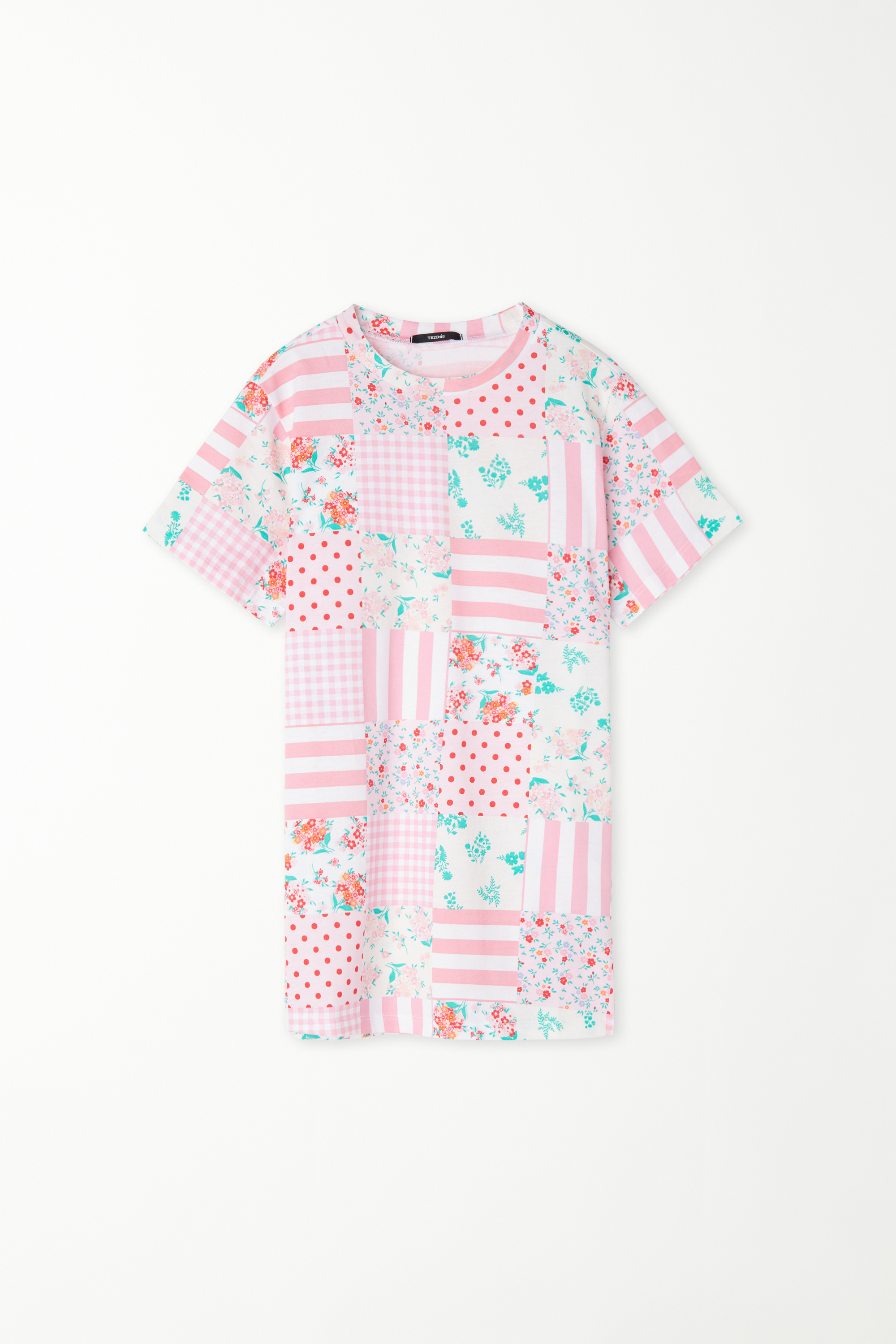 Short-Sleeved Cotton Nightgown with Patchwork Print