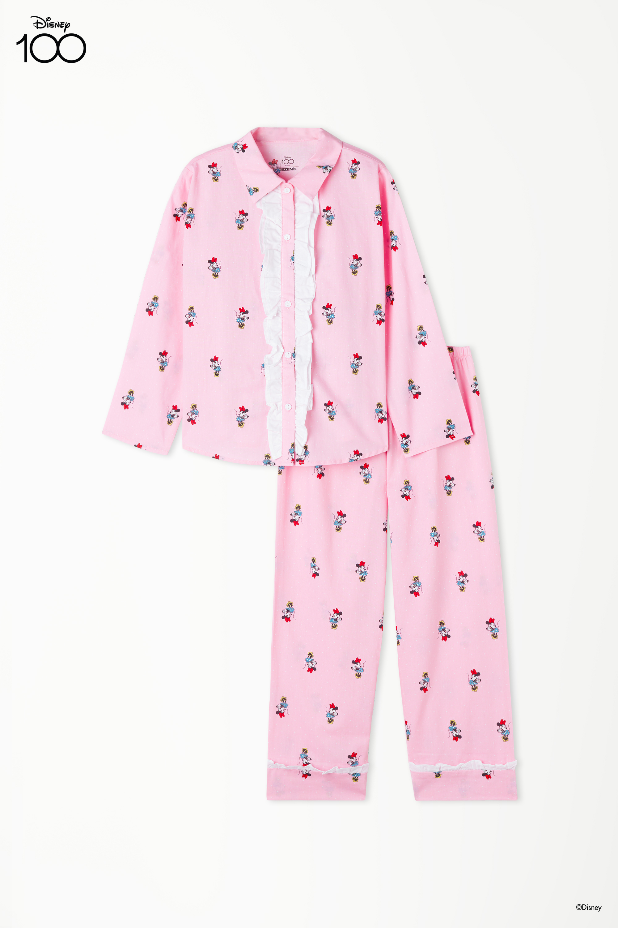 Langer Pyjama für Mädchen mit Knopfleiste aus Baumwolltuch mit Disney 100-Print