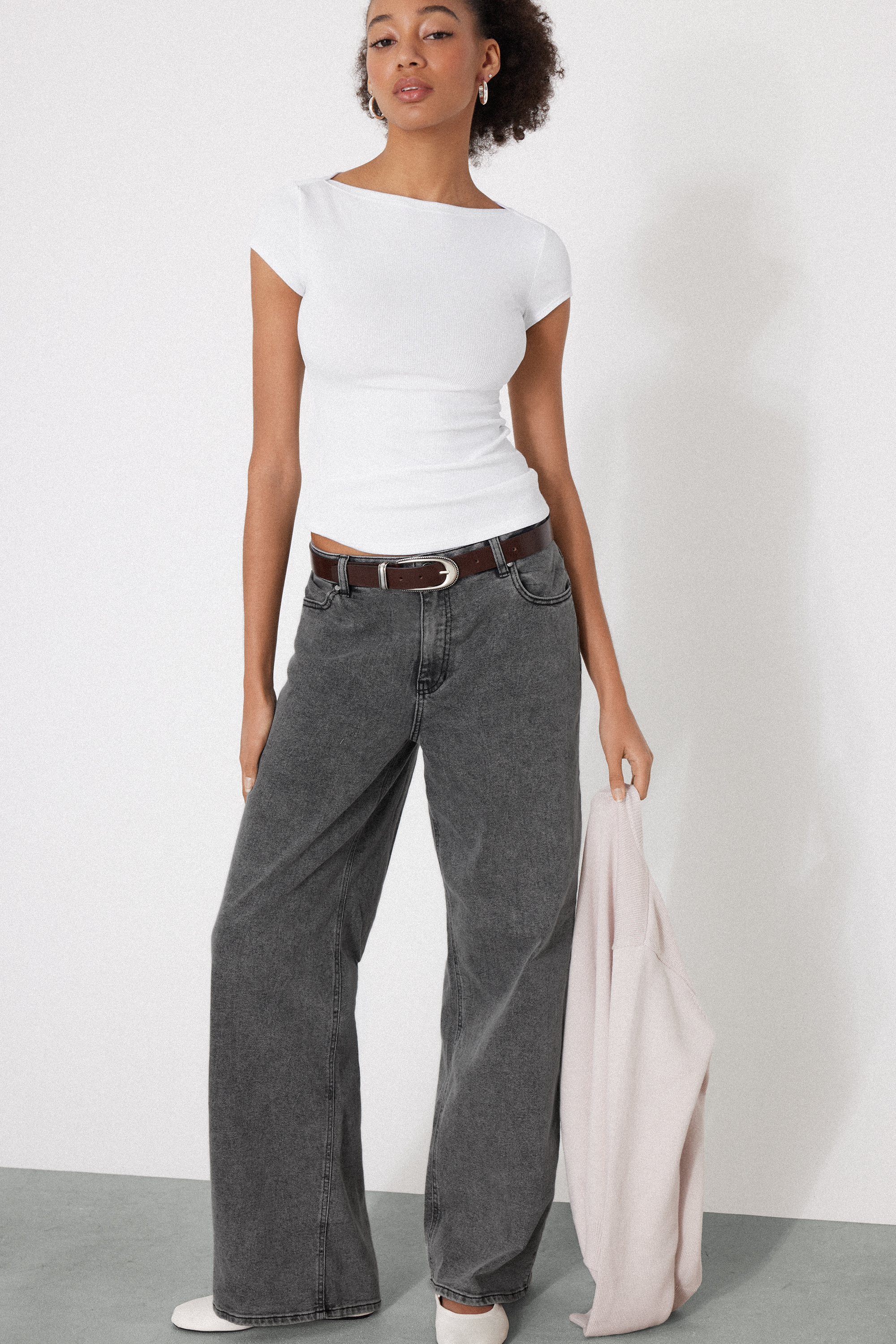 Ribbed Cotton Bateau Neck T-Shirt