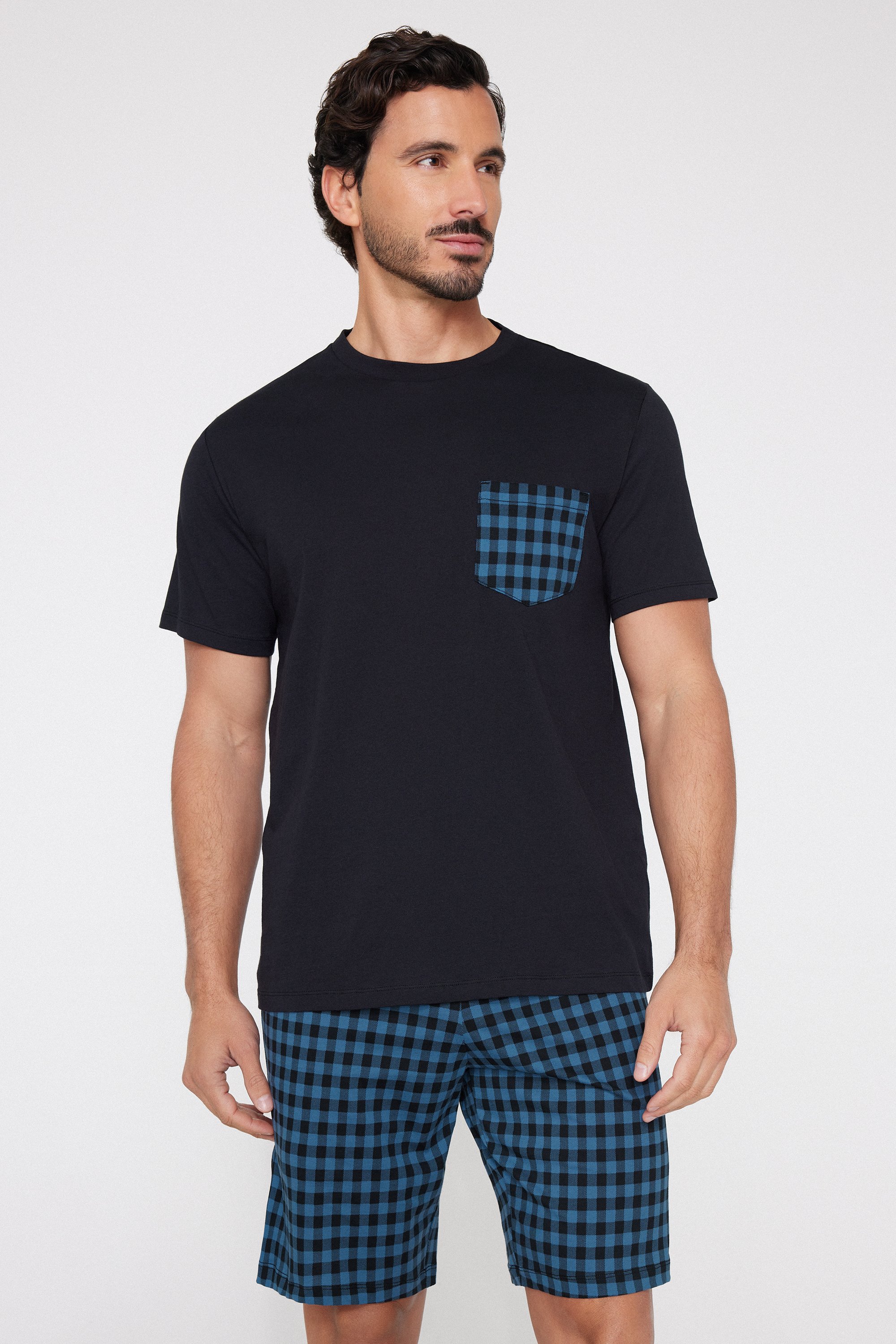 Pijama Curto em Algod&atilde;o com Bolso Quadrados