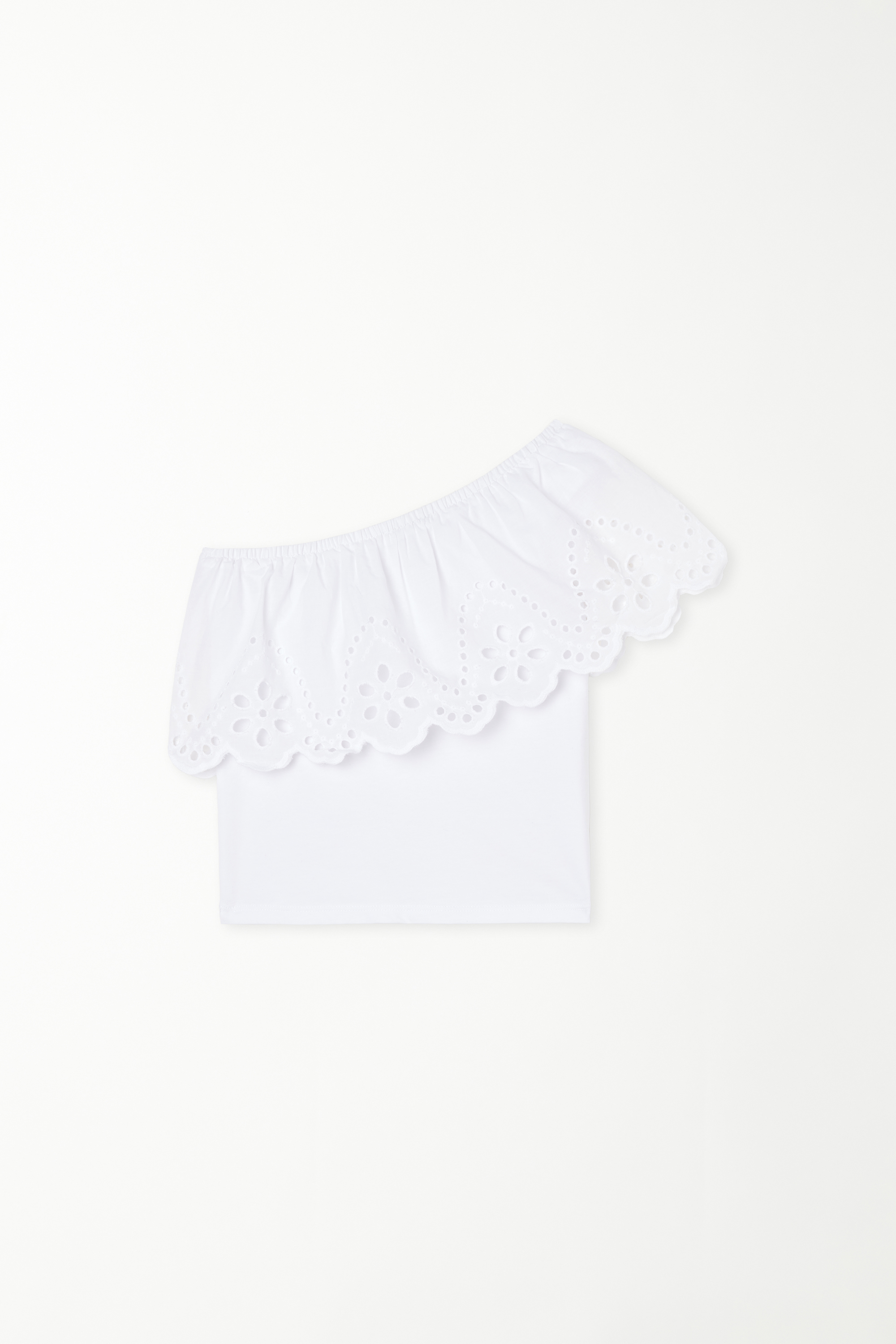 Débardeur Asymétrique en Coton à Volants en Broderie Anglaise