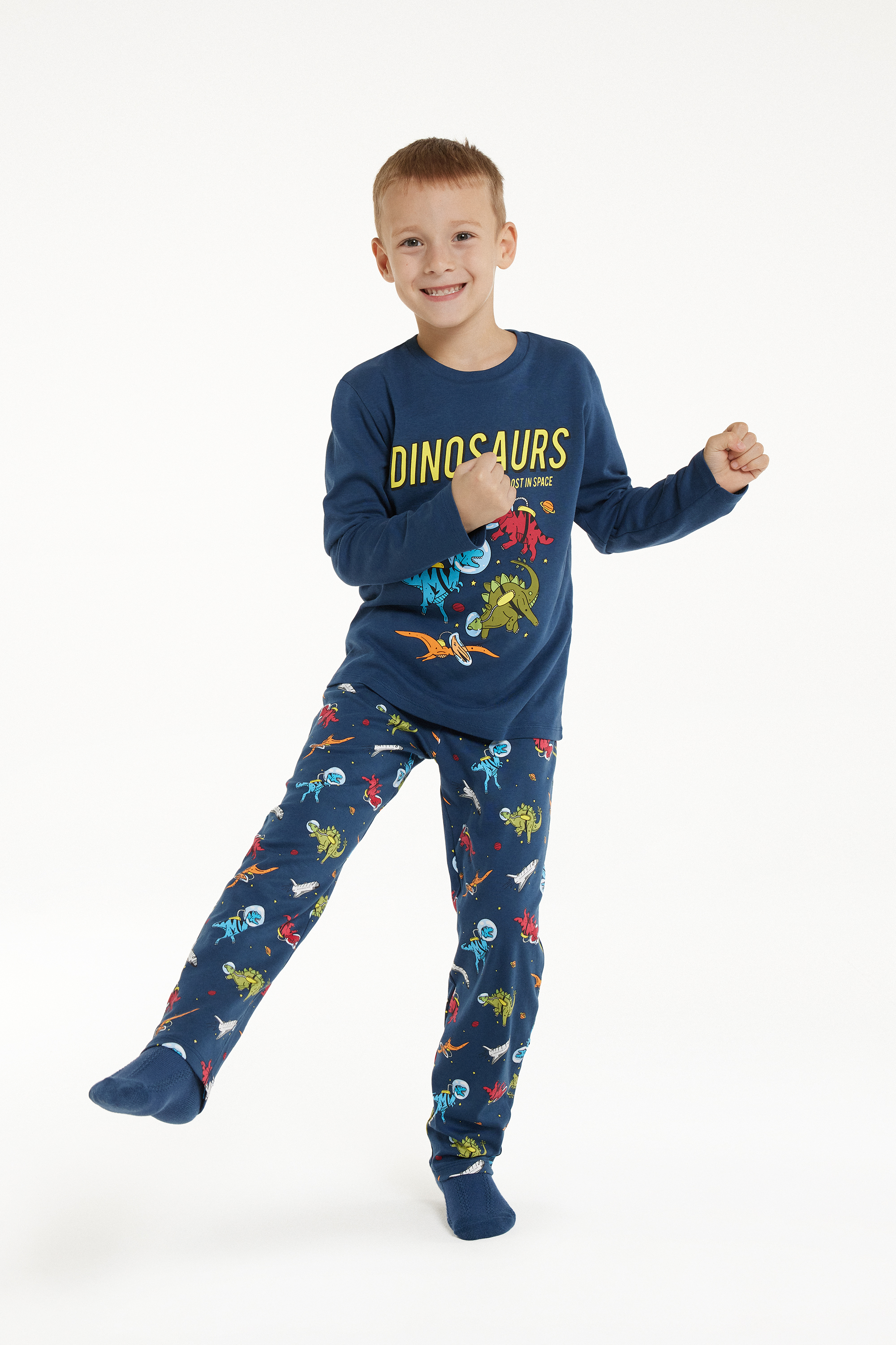 Langer Pyjama aus Baumwolle für Jungen mit Dinosaurier-Print