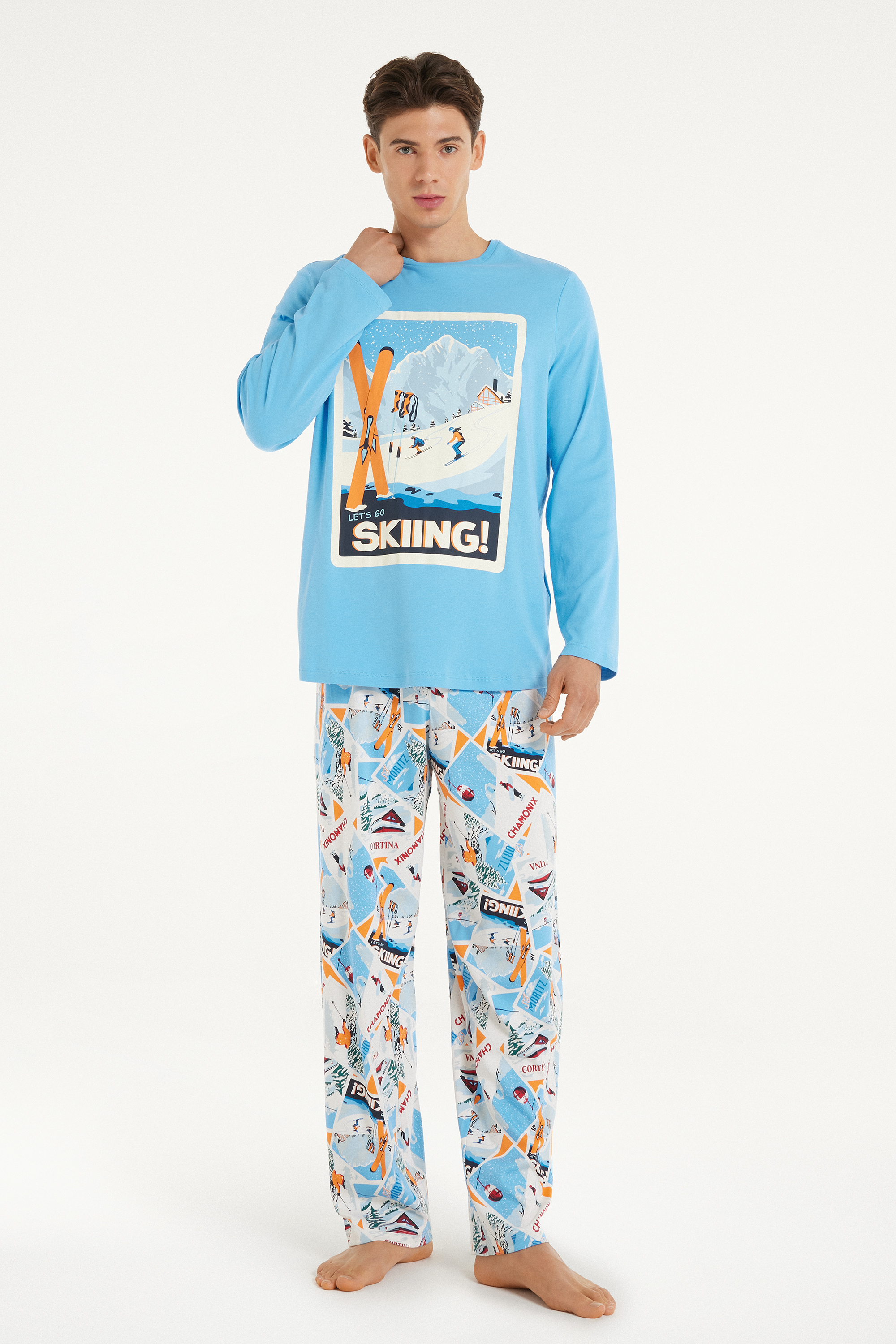 Pijama Comprido em Algodão Grosso Estampado Esqui