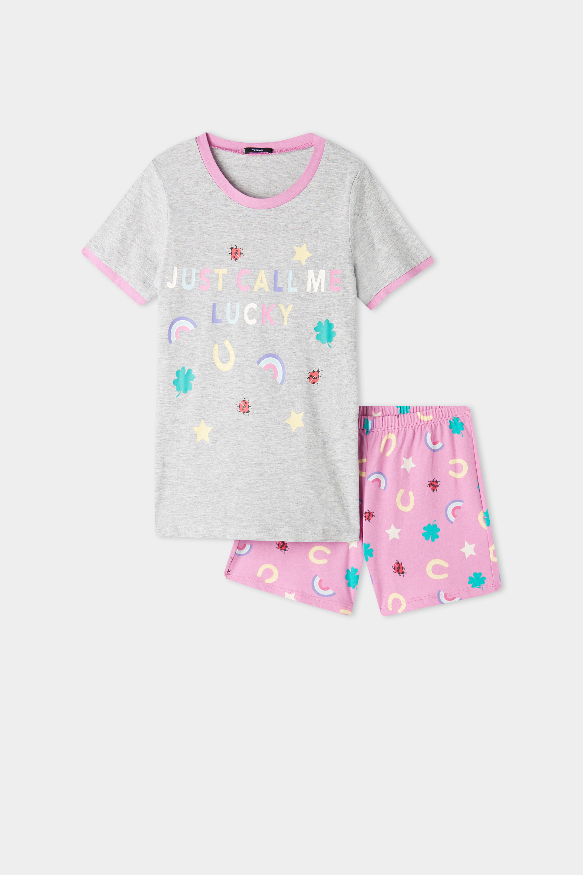 Girls’ "Lucky" Print Short Cotton Pyjamas with Rounded Neck