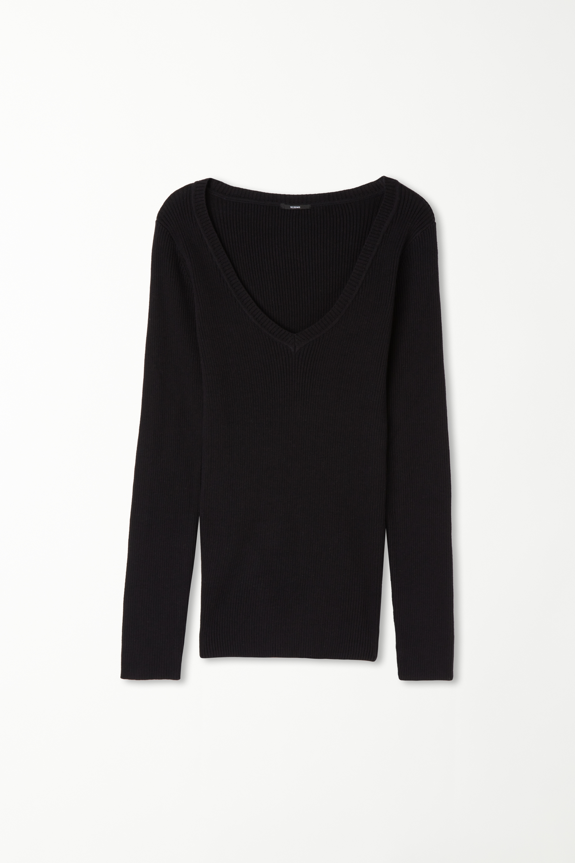 Long-Sleeved Ribbed V-Neck Top