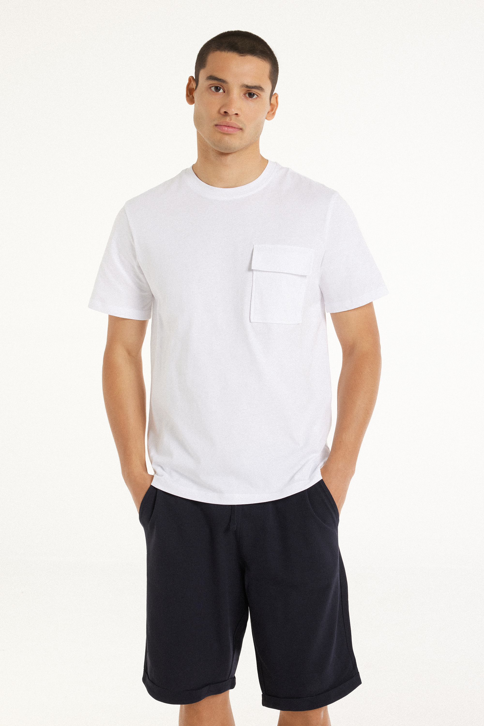 Rounded Neck Cotton T-Shirt with Pocket