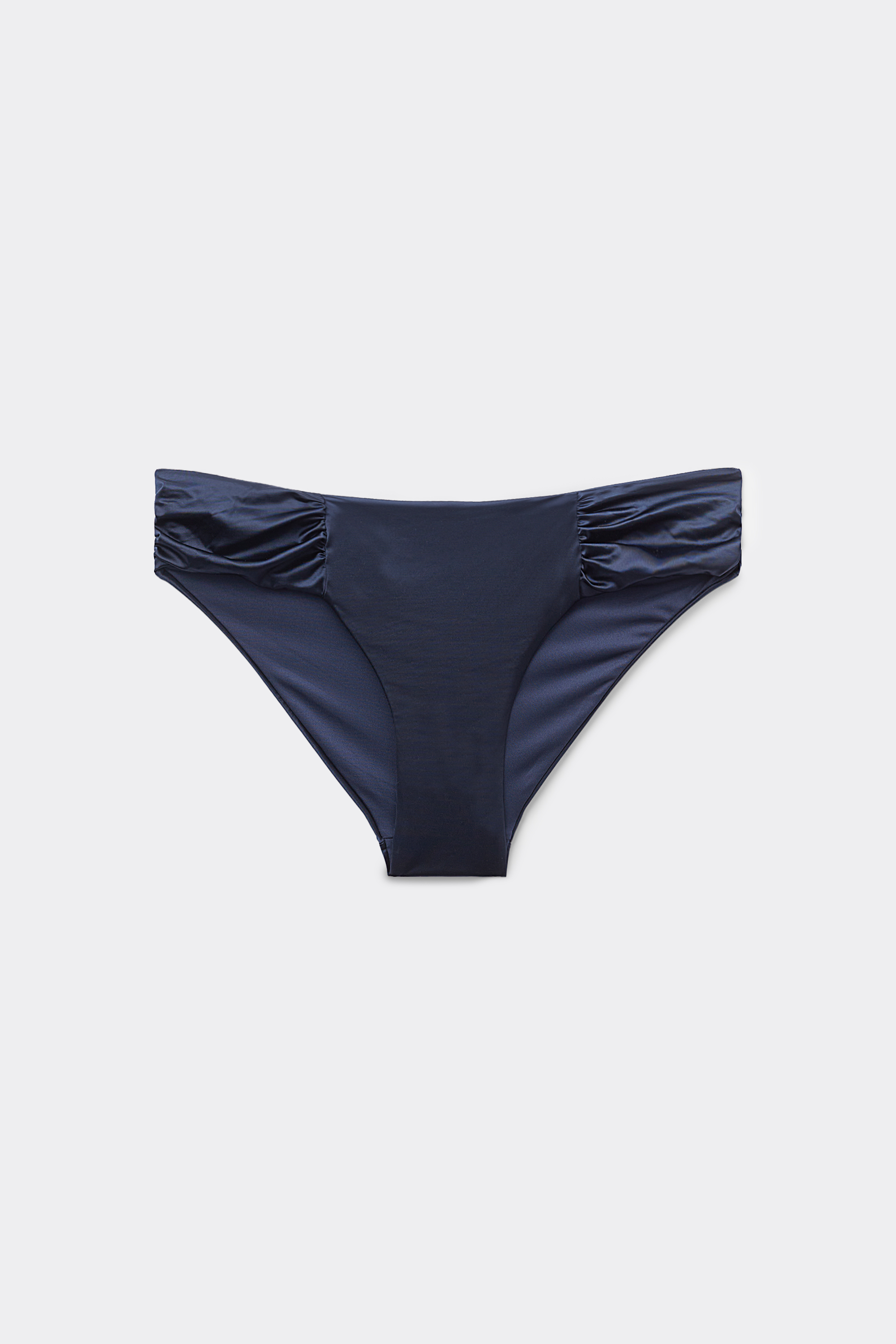 Shiny Navy Blue Gathered High-Cut Bikini Bottoms