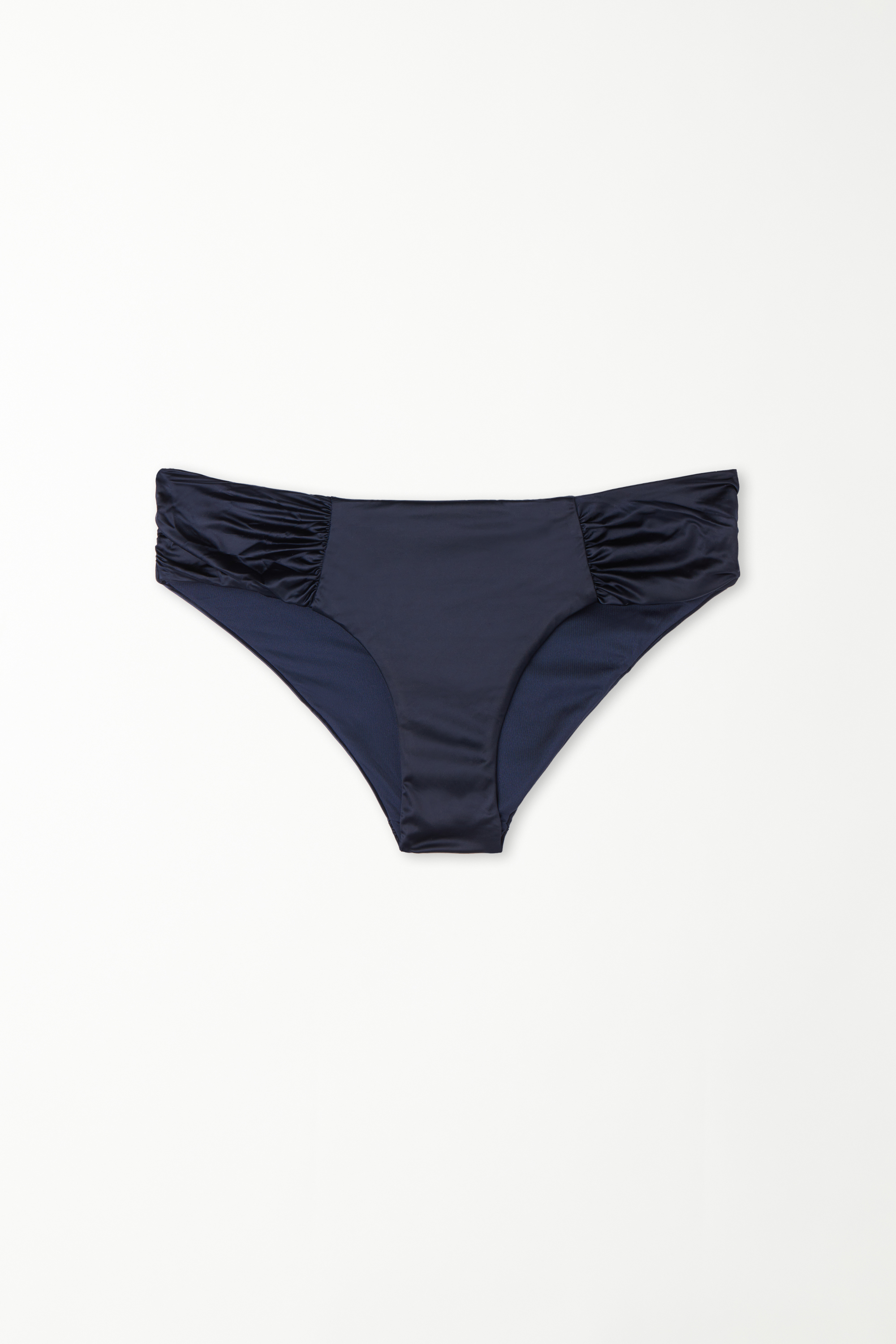 Shiny Navy Blue Gathered High-Cut Bikini Bottoms