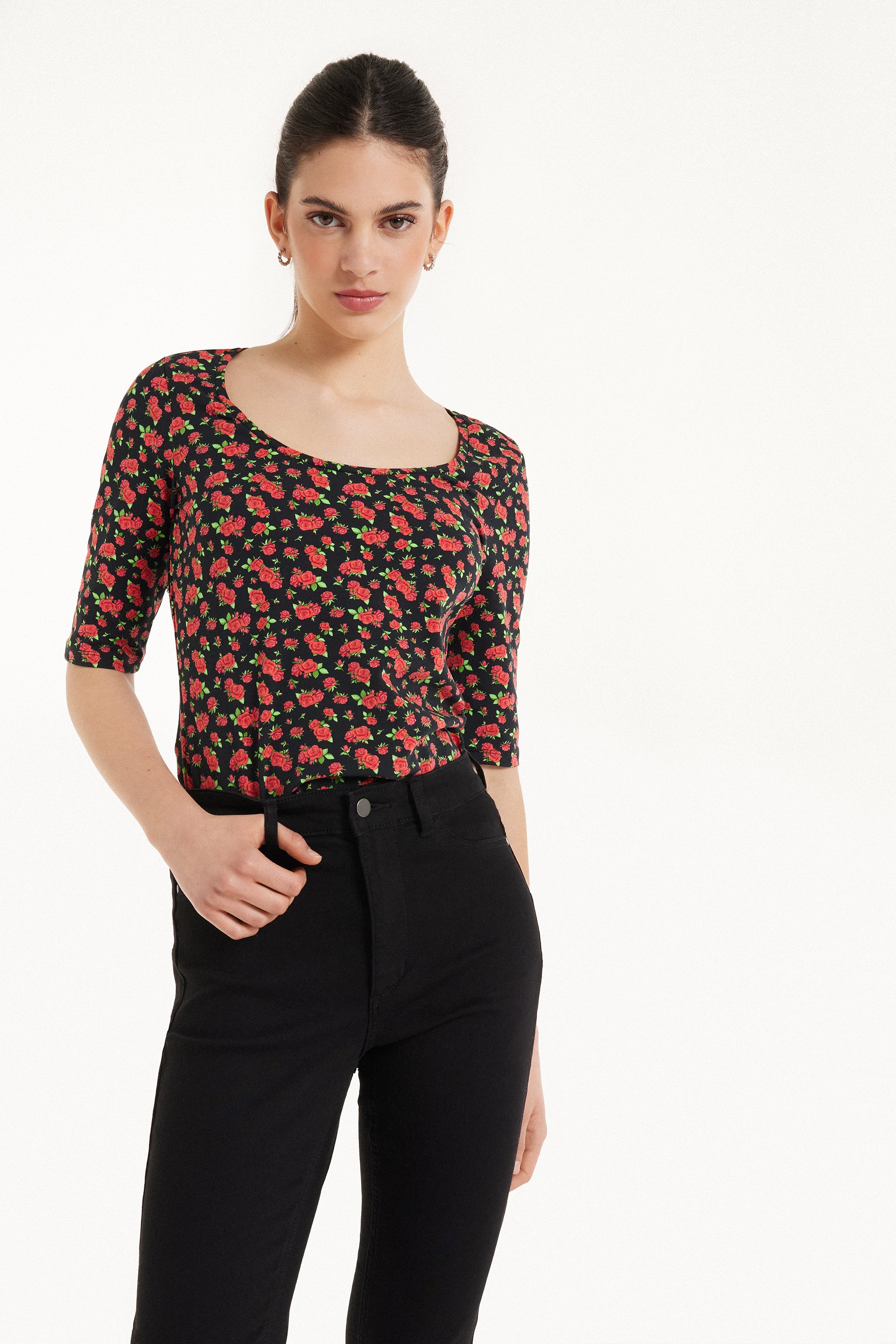 Short Sleeve, Wide-Neck Printed Cotton Top