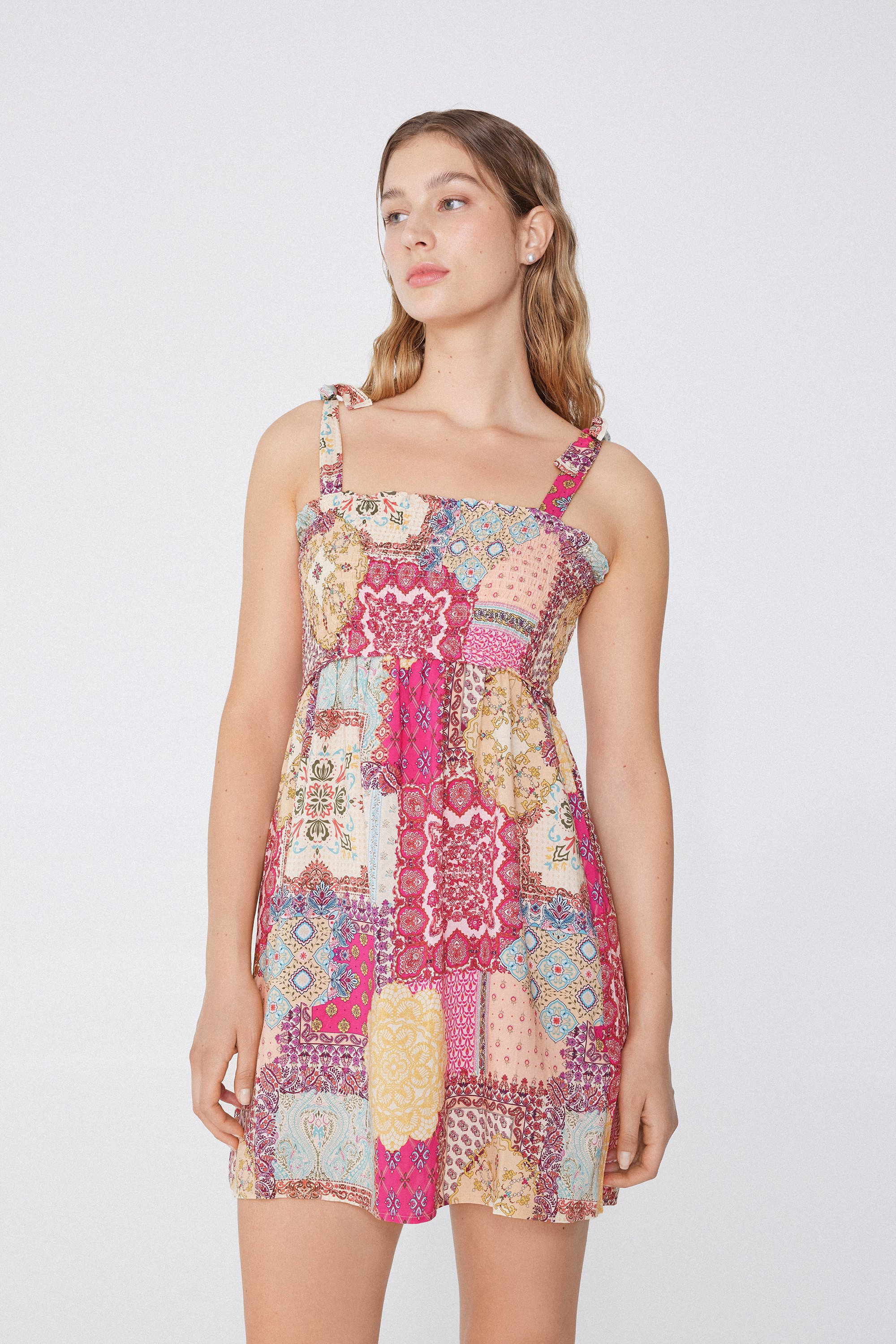 Smocked Viscose Fabric Mini Dress