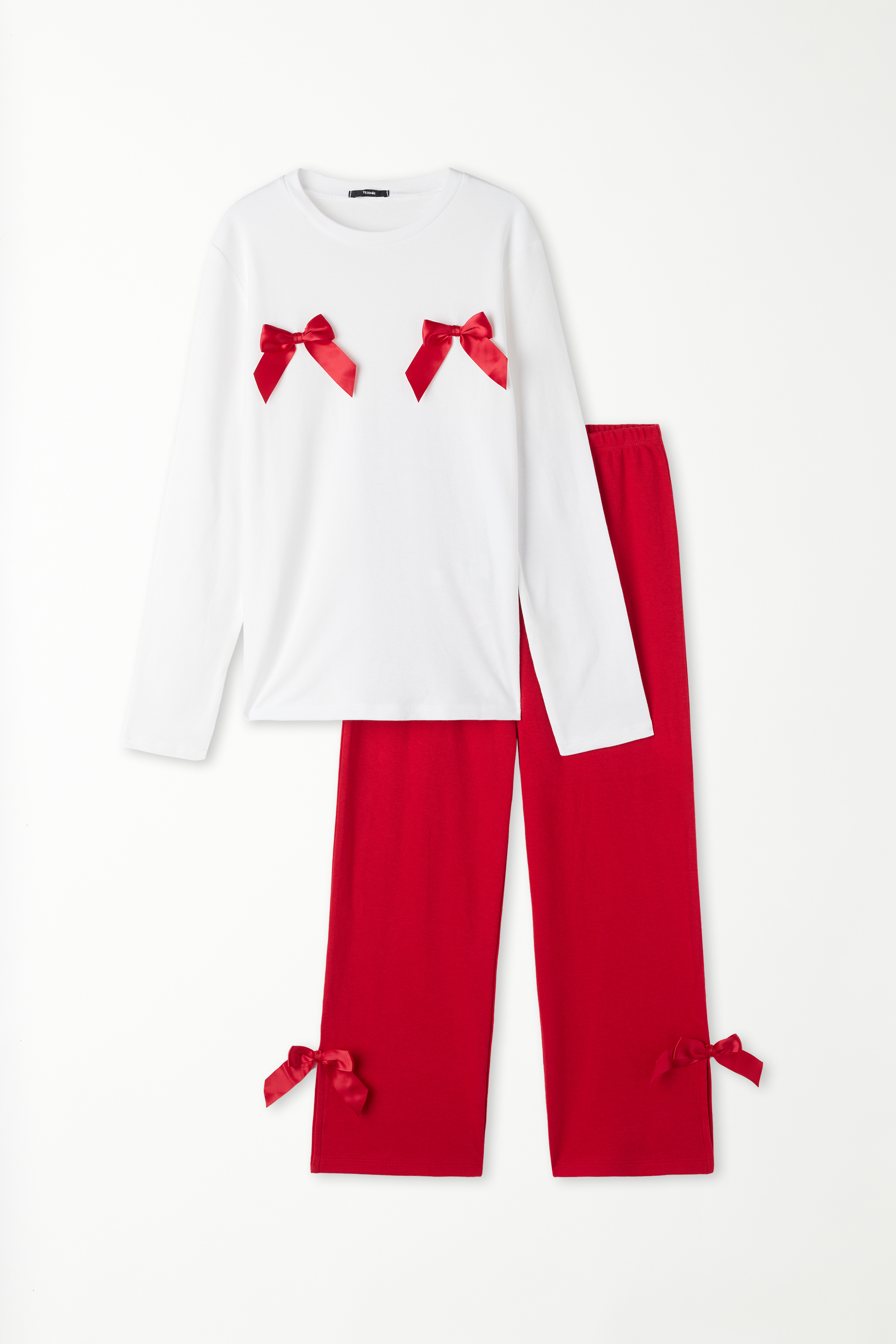 Langer Mädchen-Pyjama aus schwerer Baumwolle mit Schleifen