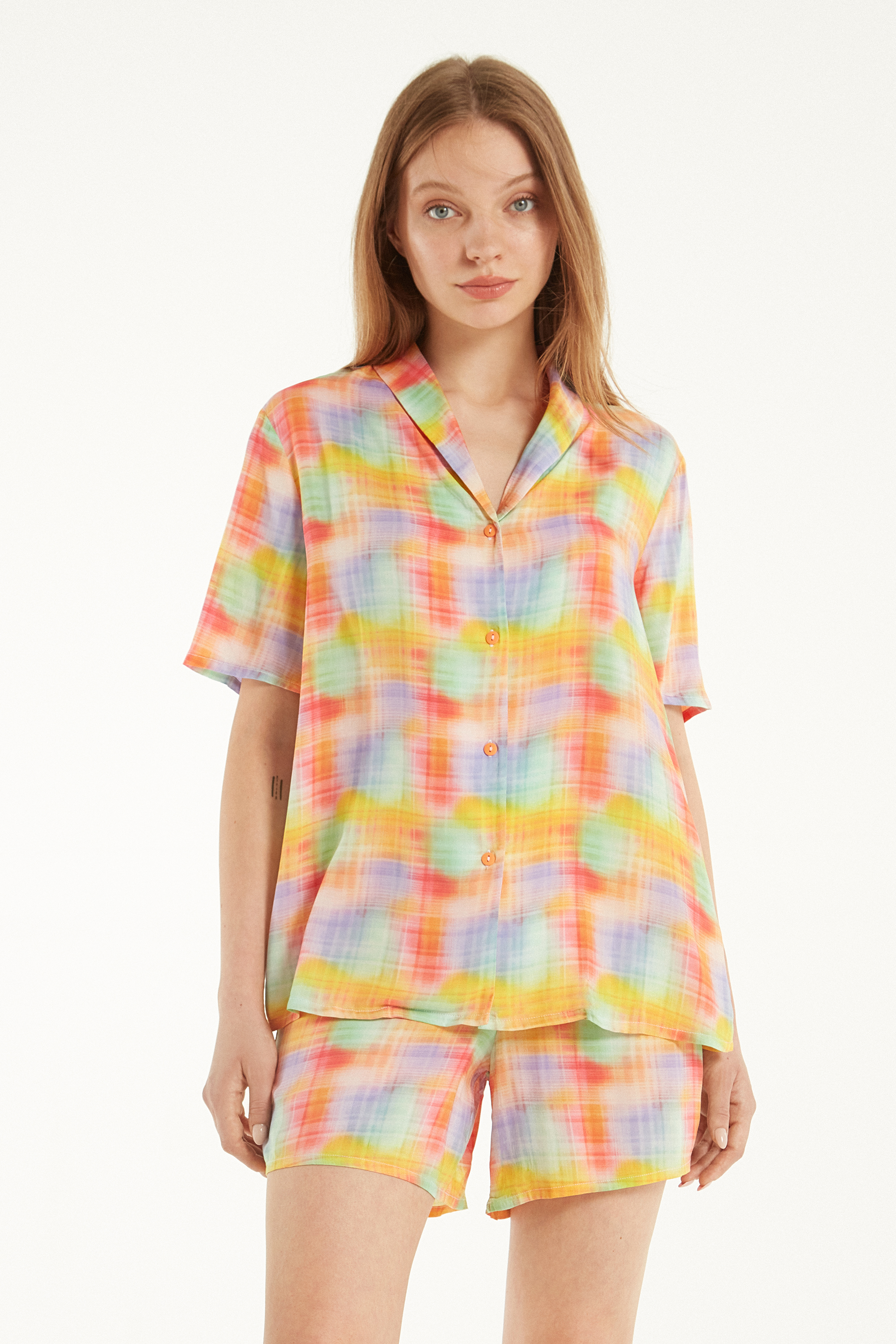 Button-Down Half-Sleeve Short Viscose Fabric Pajamas