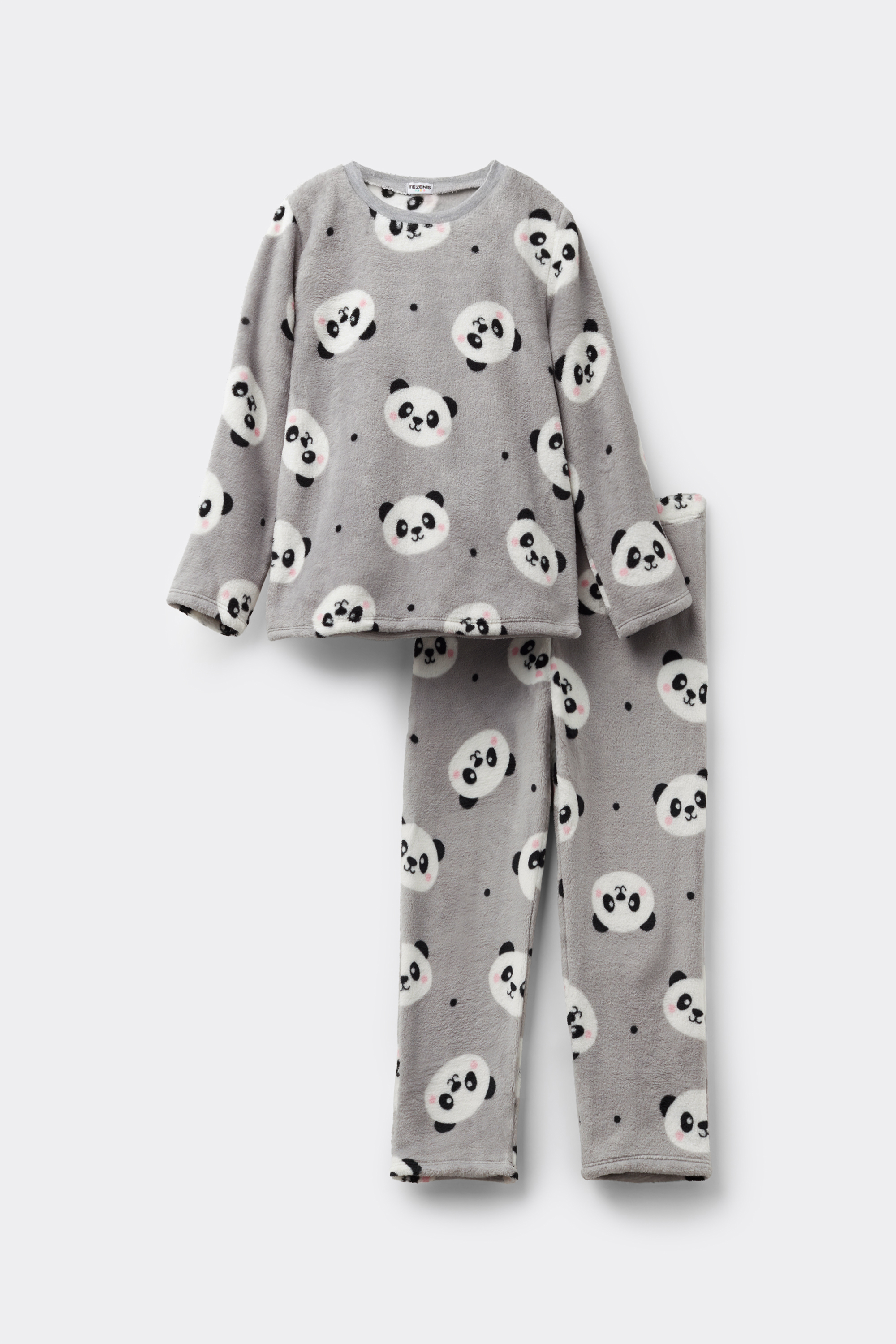 Langer Mädchen-Pyjama aus leichtem Fleece mit Pandaprint