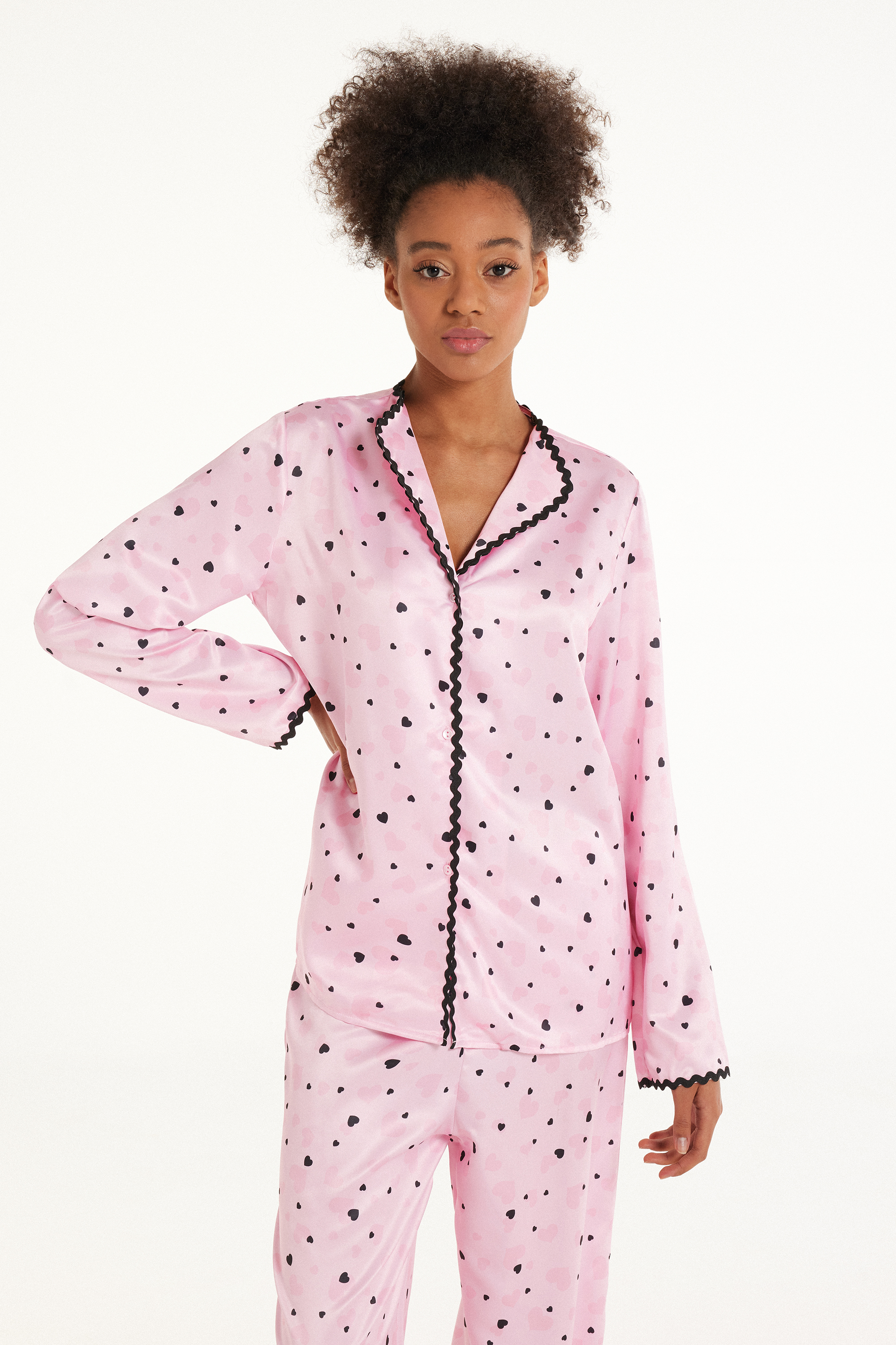 Long-Sleeved Satin Pyjama Top with Hearts