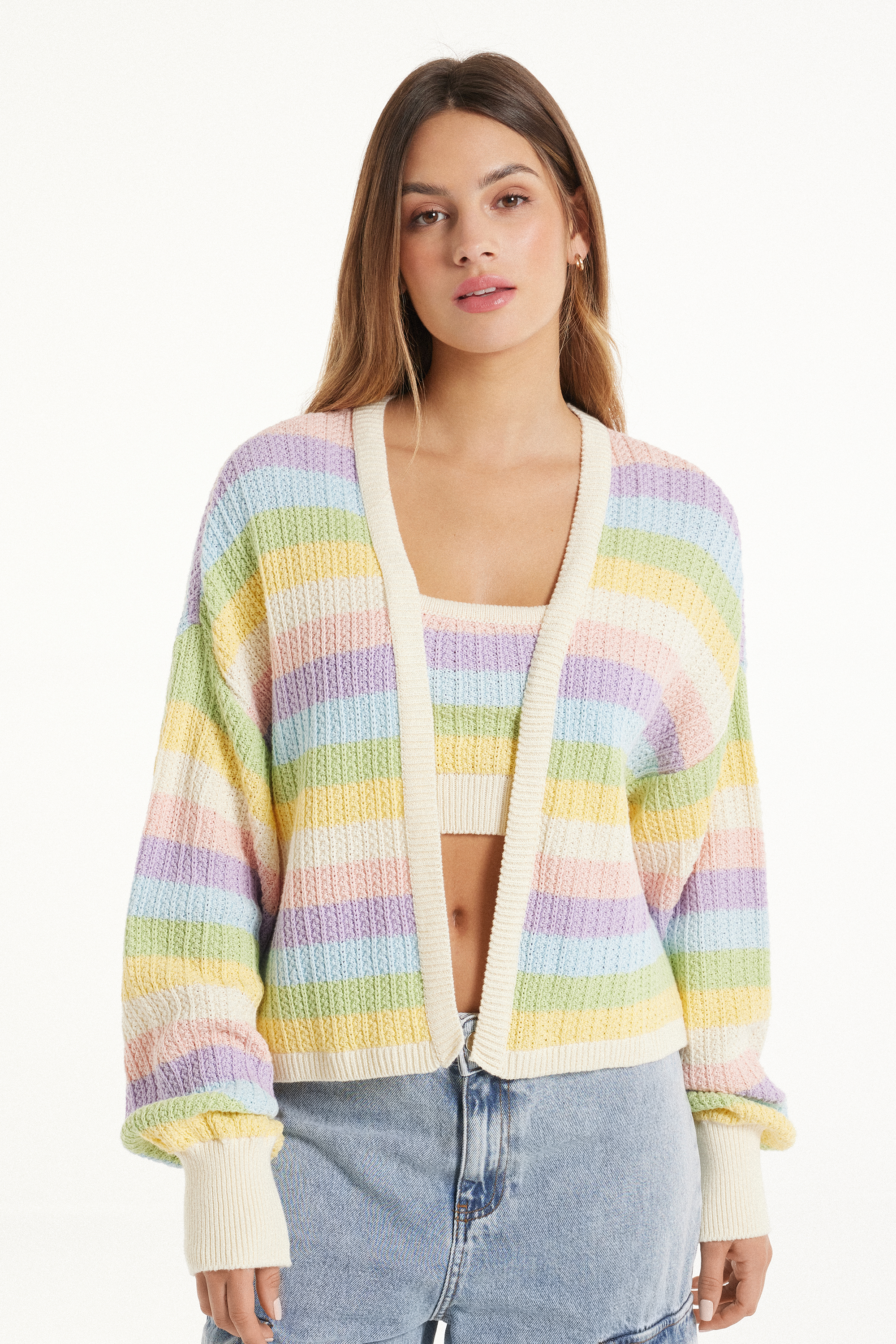 Long Sleeve Striped Full-Fashioned Cotton Cropped Cardigan