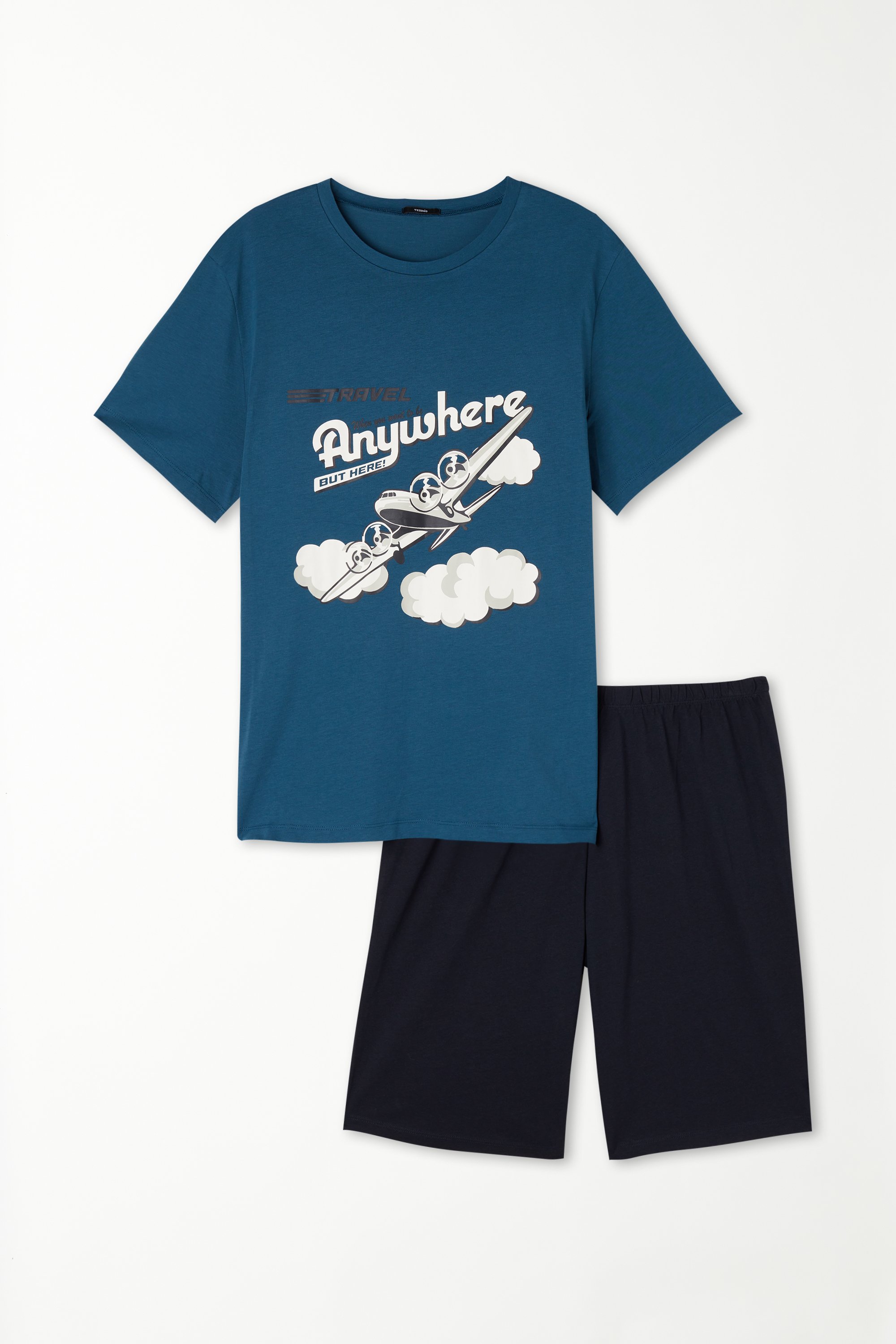 Pijama Corto de Manga Corta de Algodón con Estampado de Avión