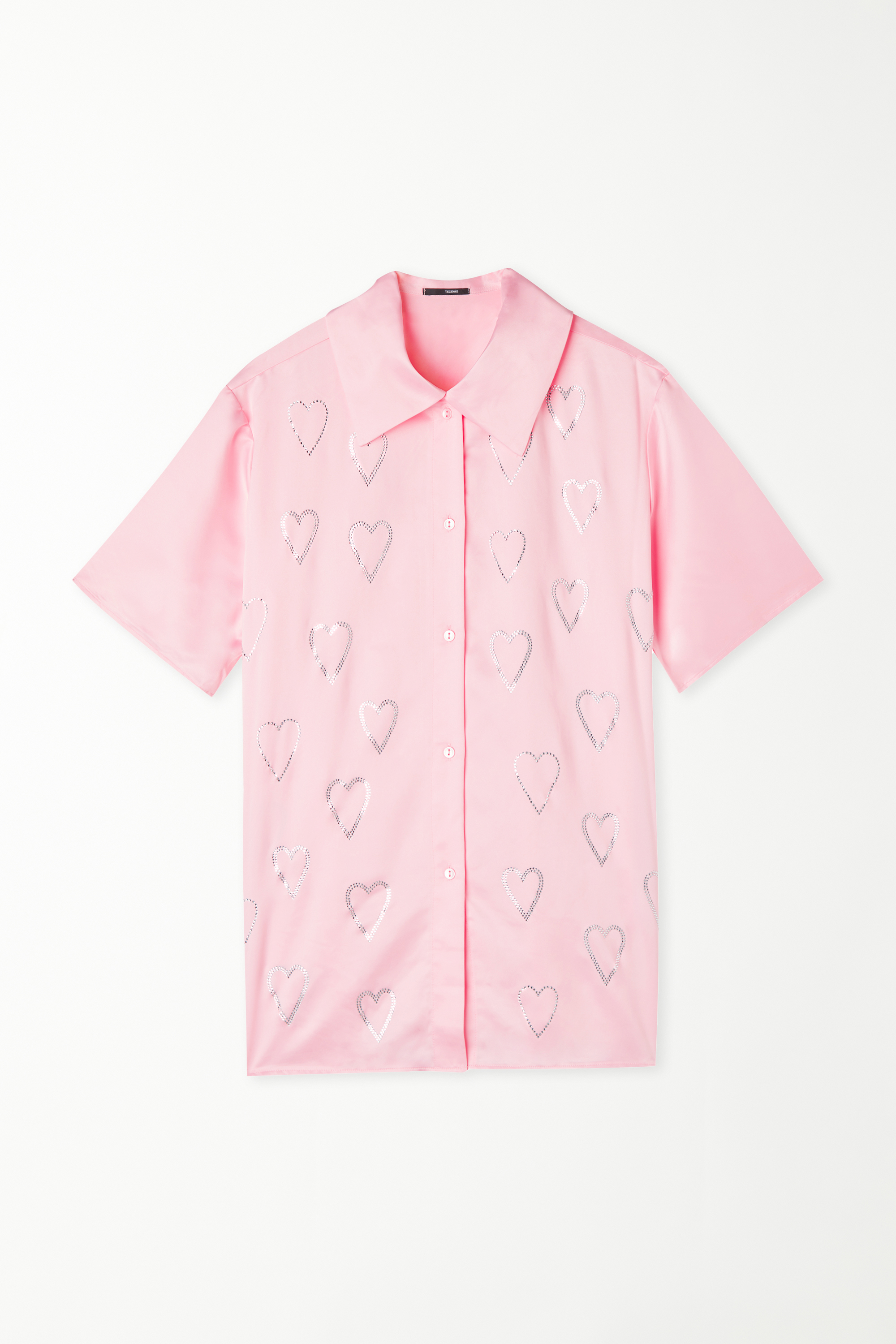 Short Sleeve Satin Shirt with Rhinestone Hearts