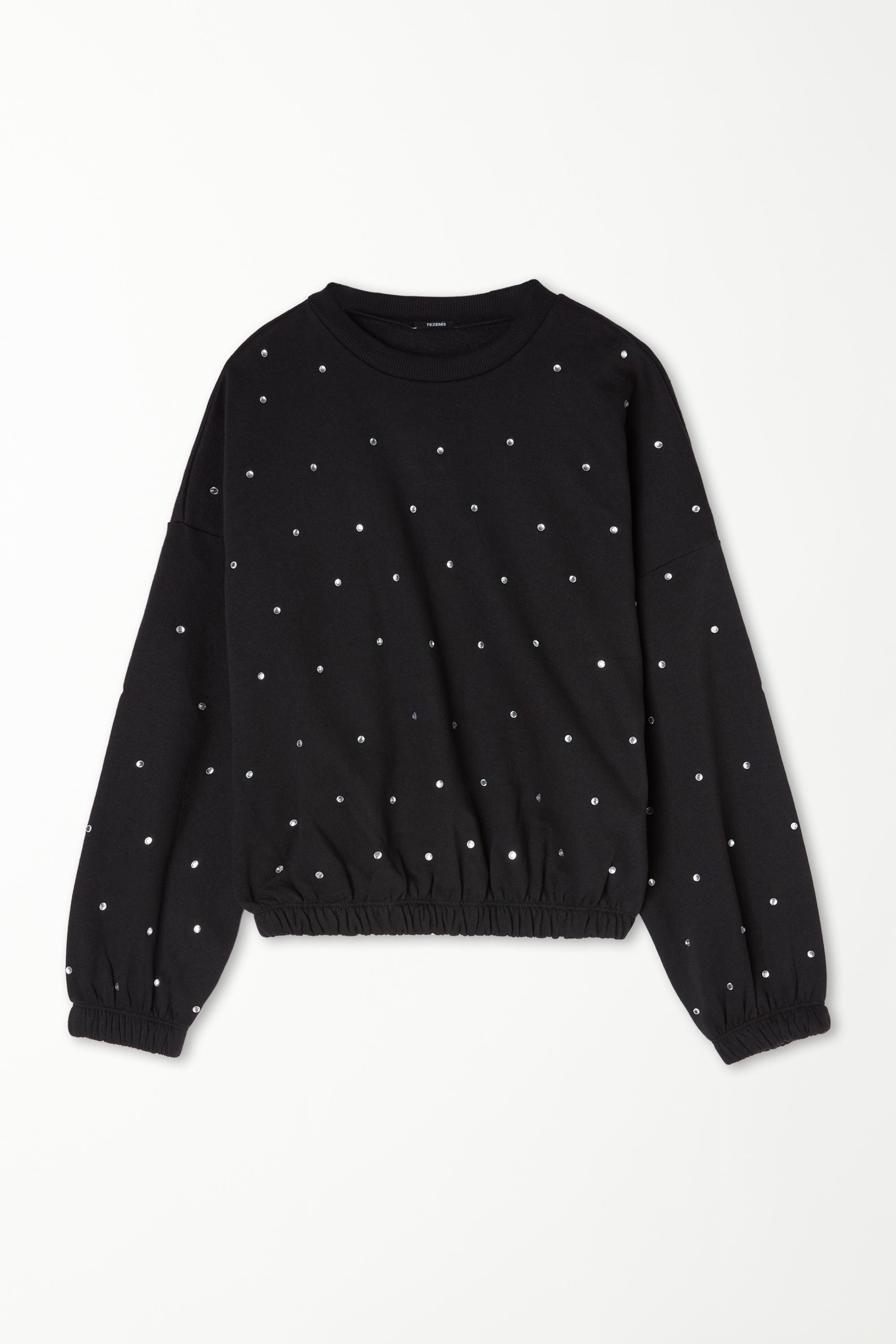 Long Sleeve Rounded Neck Sweatshirt with Rhinestones