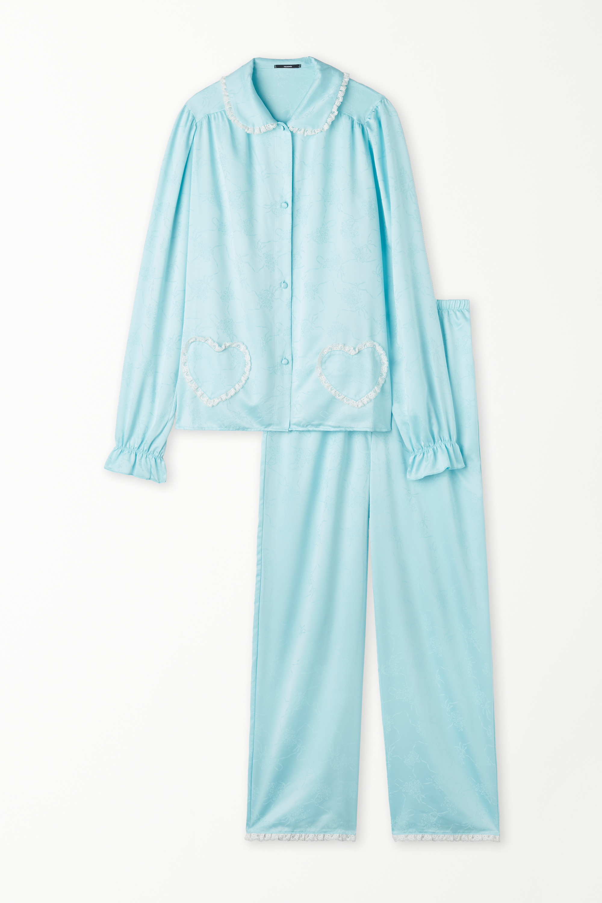 Langer Pyjama aus Jacquard-Satin und Spitze