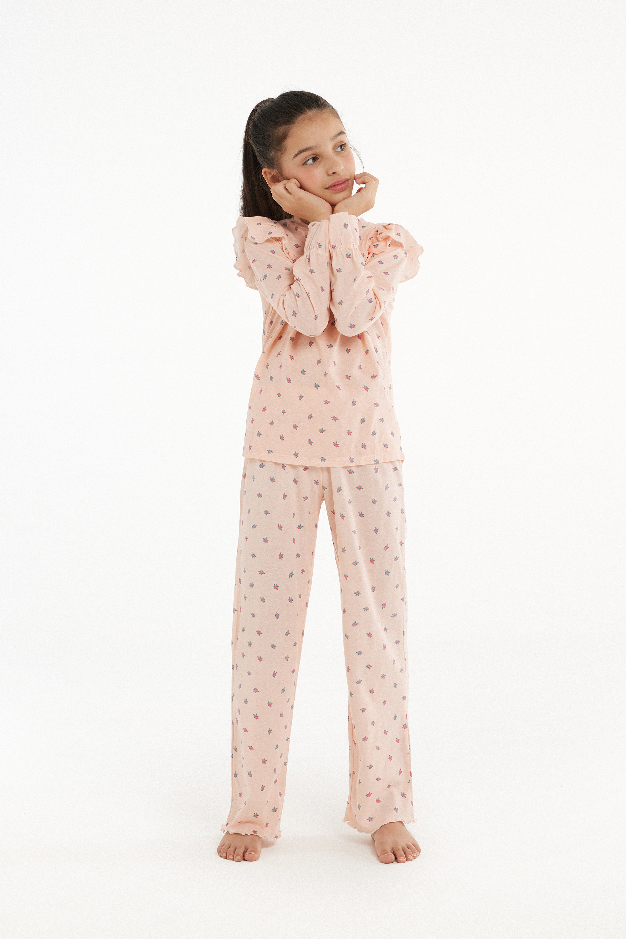 Langer Pyjama für Mädchen aus Baumwolle mit Volant
