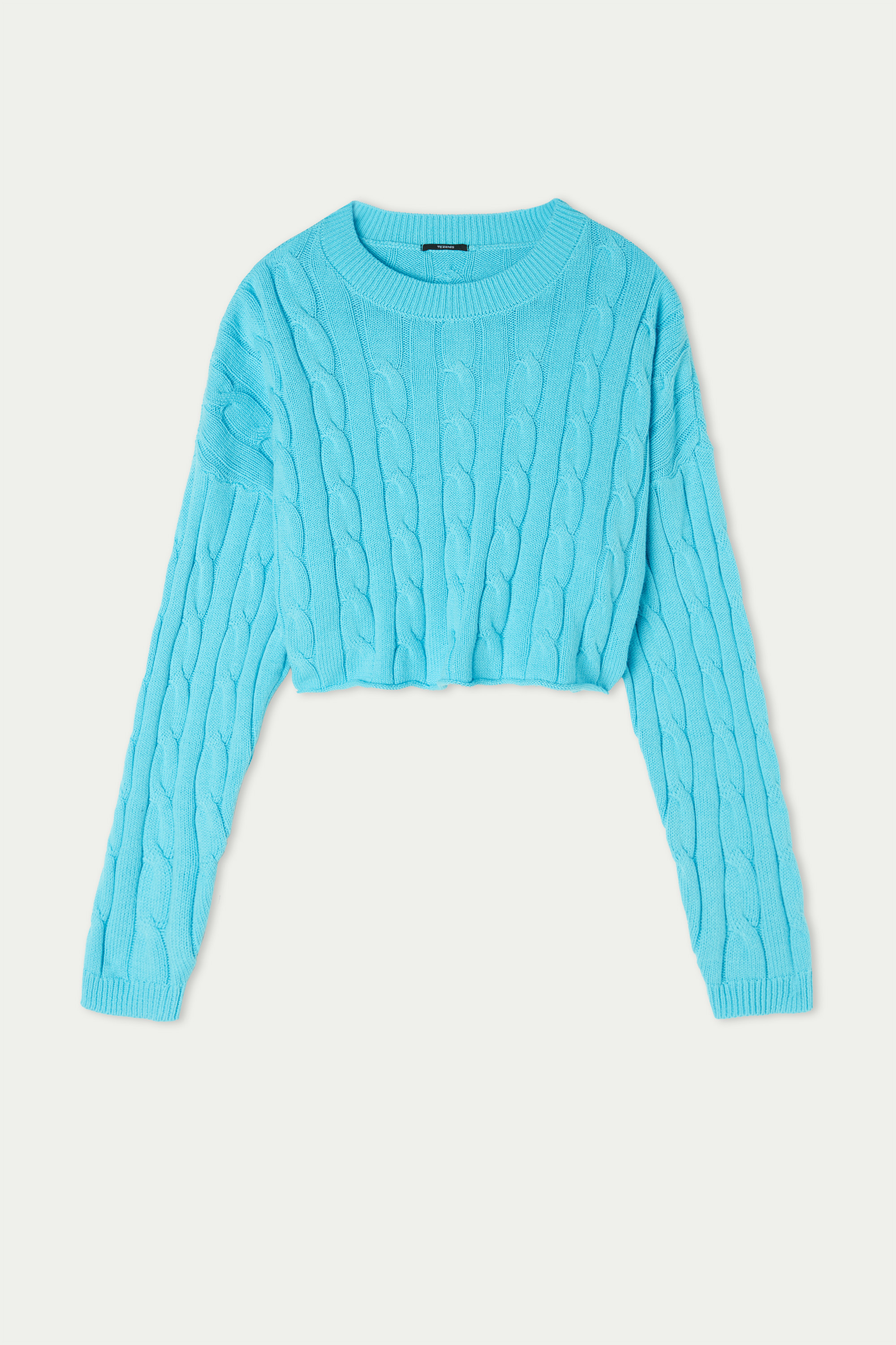Long Sleeve Short Sweater in Fully-Fashioned Cotton with Braided Detail